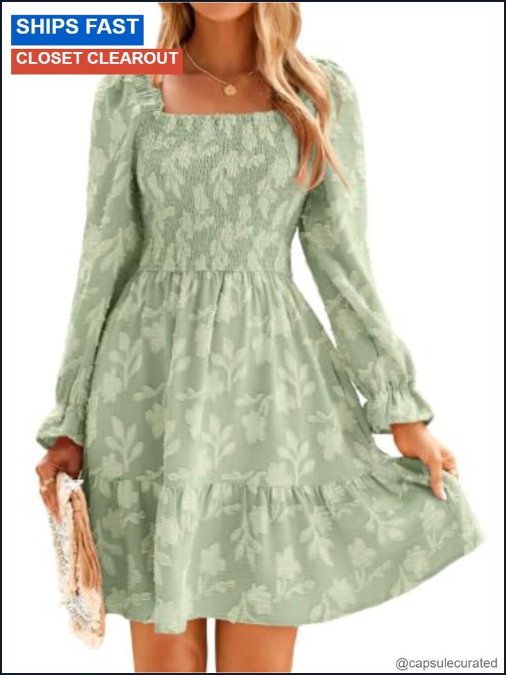 Long Sleeve Square Neck Smocked Mini Dress Ruffle A Line